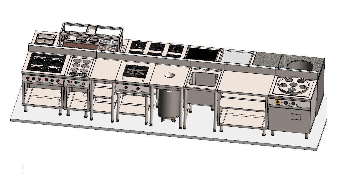 3D render of a cooking line with burner ranges, sink and work tables