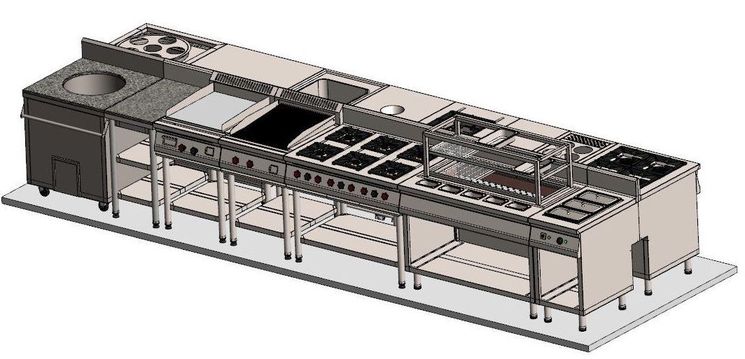 3D render of a Chinese and continental cooking line